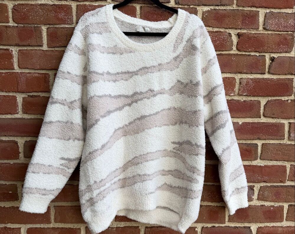 Barefoot Dreams Women's CozyChic Seaside Crew Neck Pullover Cream Zebra L NEW